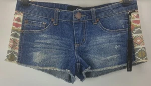 Women's Junior's O'neill Short Shorts Size 1 Blue Denim C/ Tribal Distressed NEW - Picture 1 of 9
