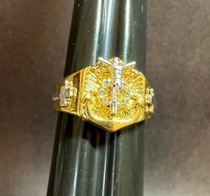 Sterling Silver Goldtone Plated Jesus Cross Ring With Rhinestone CZ Accents Size - Picture 1 of 8