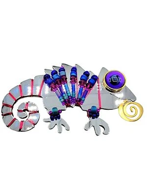 Брошь игуана Liztech 1997 хромированная цветная магнитная проволока и бусины, подписанная - Изображение 1 из 4