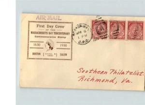 SCARCE! MASSACHUSETTS BAY Tercentenary, FDC, 3 stamps, Boston, MA cancel # 682 - Picture 1 of 1