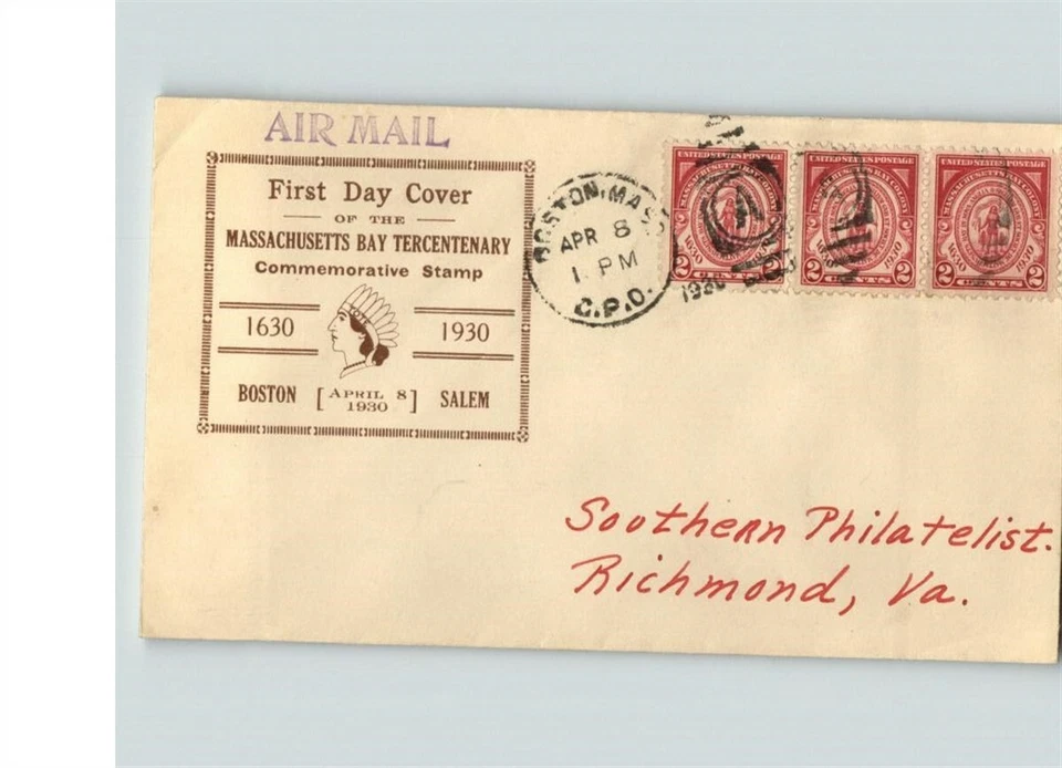 SCARCE! MASSACHUSETTS BAY Tercentenary, FDC, 3 stamps, Boston, MA cancel # 682 - Image 1 of 1