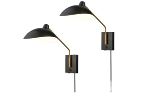 Modern Black Swing Arm Bedroom Wall Sconces Set of 2 - with USB Charge Port - Picture 1 of 11