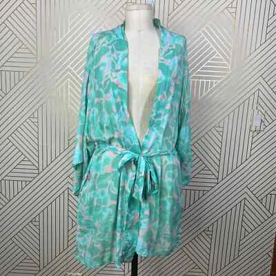 NUEVO CON ETIQUETAS DVF x Onia Gina Envolvente Corbata Kimono Bata Encubrimiento Verde Melocotón Piel Talla XS/S Foto 1 de 4