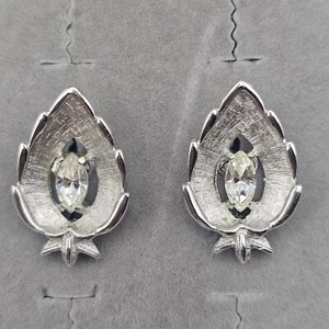 Vtg Sarah Civentry Earrings Clip On Silver Tone Leaf Marquise Rhinestone - Picture 1 of 8