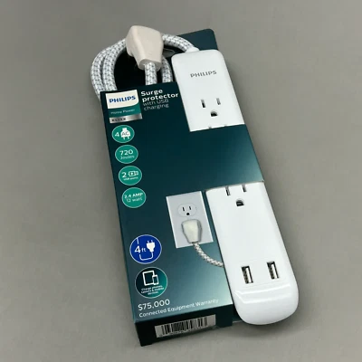 PHILLIPS Surge Protector 4 Outlet 2 USB Power Strip 4ft (New) - Image 1 of 4