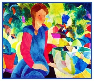 Patrón de punto de cruz contado August Macke's Girl con pecera expresionista - Imagen 1 de 4