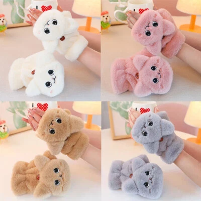 Winter Warm Rabbit Fur Mittens Soft Thick Gloves Plush Gloves Girl Cartoon Cat - Image 1 of 4