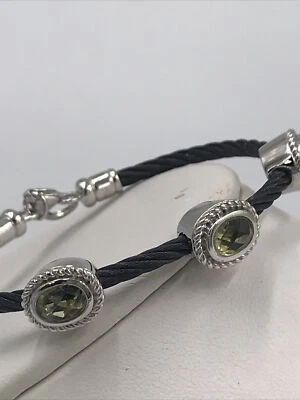925 Silver  Classic Black Cable Faceted Peridot  Crystals Bracelet - Image 1 of 4