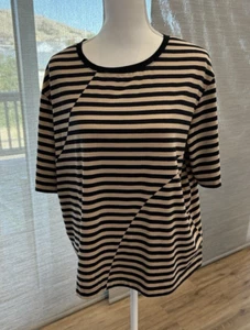 DKNY Striped Beige & Black Short Sleeve Tee Large NWT $160 - Picture 1 of 7