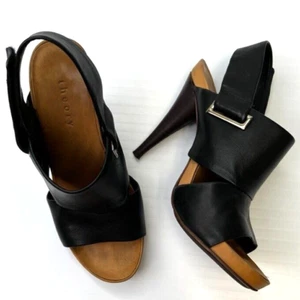Theory Sandal Women 37 Leather Slingback 6.5 Strap Black Heel Shoe Party Core Ex - Picture 1 of 13