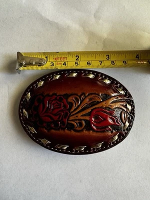 Brazos Joe tooled leather belt buckle rose design - Image 1 of 2