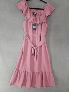 NWT DKNY Womens Size 10 Midi Dress Coquette Ruffles Rose Pink Belt Sleeveless  - Picture 1 of 10