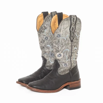 Boulet Black and Gray Western Floral Embroidered Western Boots - Womens US 6.5 - Image 1 of 4