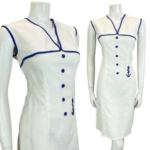 VTG 60S 70S WHITE NAVY BLUE GEOMETRIC EMBOSSED NAUTICAL SAILOR SHIFT DRESS 14 - Picture 1 of 10