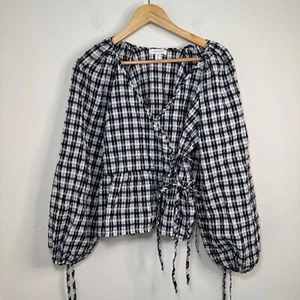 Topshop Blouse Women's Size 8 Black White Plaid Tie Front Preppy Lightweight - Picture 1 of 7