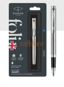 Parker Folio Stainless Steel Fountain Pen Blue Ink Chrome Trim - New - Picture 1 of 6