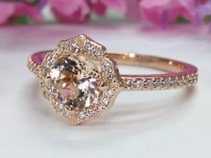 Scalloped Diamond Halo Engagement Ring in Rose Gold, Peach Morganite Round Gem - Picture 1 of 9