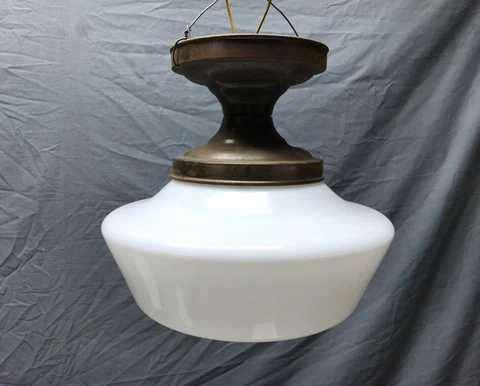 VTG Large 12" Schoolhouse Bank Ceiling Light Milk Glass Globe Old Metal 201-23B Cover