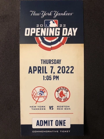Yankees vs Red Sox 4/8/22 Opening Day 2022 SGA Commemorative Ticket Stub Cover