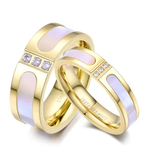 Tstyle 14K Gold GP S.Steel Mother Pearl Engagement Band Ring Set 5/8mm Clear CZ - Picture 1 of 3