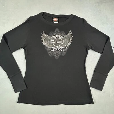 Harley Davidson Shirt Womens Large Black Long Sleeve Thermal Motorcycle Biker - Image 1 of 4
