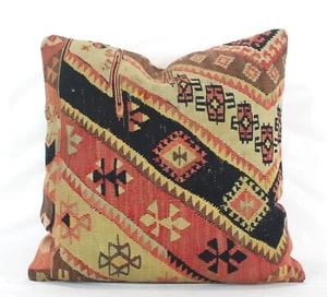 Decorative Turkish Red Blue Kilim Pillow Cover 20x20 Gold Kilim Throw Cushion - Picture 1 of 10