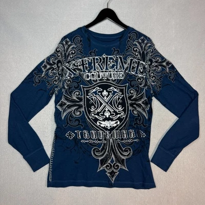 Camiseta Henley Térmica Xtreme Couture by Affliction Grande Manga Larga Gráfica Y2K Foto 1 de 4