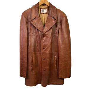 Silton Long Brown Leather Coat Vintage 44 Long 70's Rocker Trench Jacket Retro - Picture 1 of 13