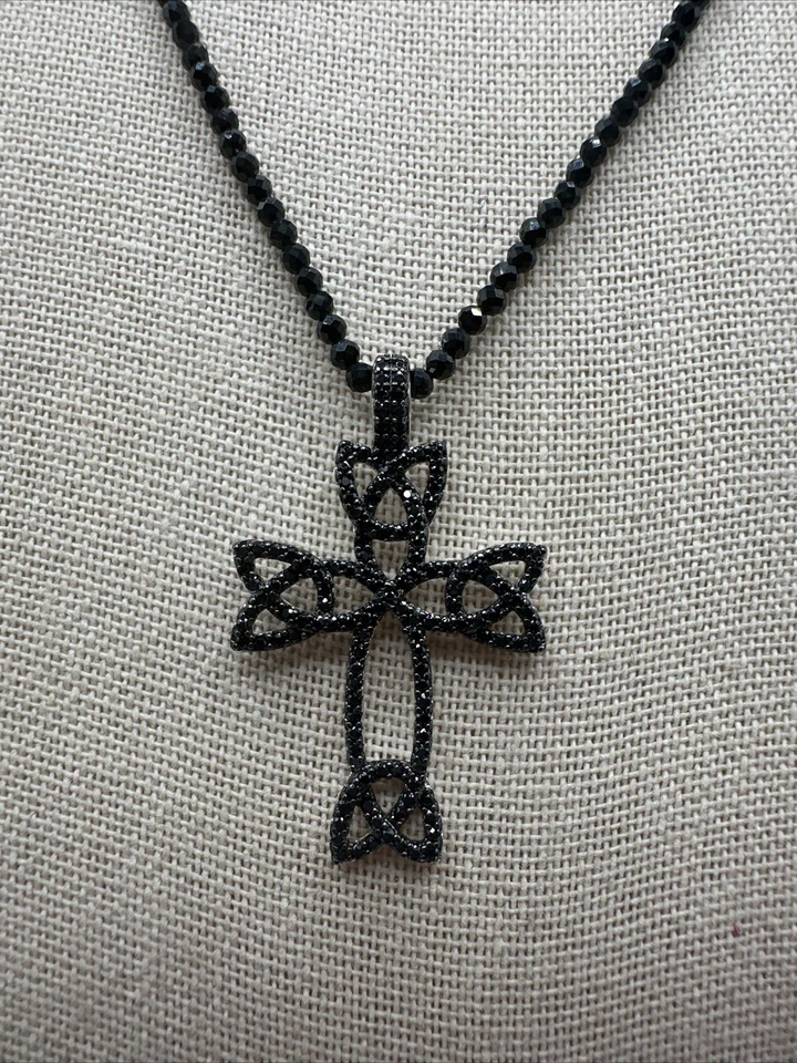 "Precioso collar cruz de plata esterlina espinela negra 24"" firmado FZN 925" Foto 1 de 4