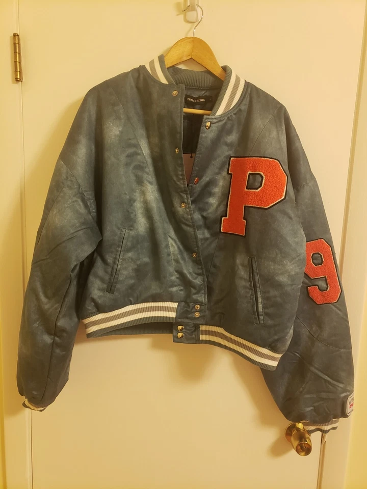 NWT! Pretty Little Thing Blue Slogan Back Brushed Look Satin Bomber Coat Size L - Image 1 of 4