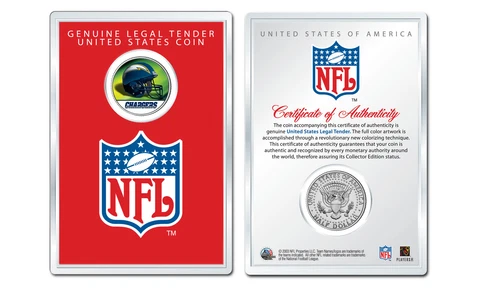 SAN DIEGO CHARGERS NFL Helmet JFK Half Dollar Coin w/ NFL Display Case LICENSED Cover