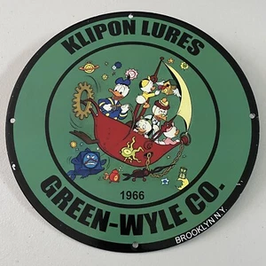 VINTAGE KLIPON LURES PORCELAIN GAS OIL GREEN-WYLE CO. FISHING ROD BOAT PUMP SIGN - Picture 1 of 12