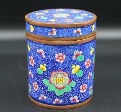 Tarro de caja cubierto redondo esmaltado chino vintage ~ motivo floral Foto 1 de 4