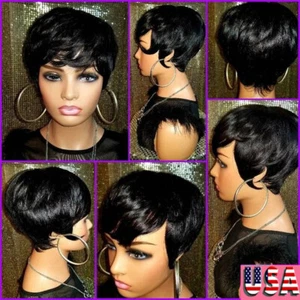 Short Black Peruvian Human Hair Wig Pixie Cut Wig Wave Hair with Bangs None Lace - Picture 1 of 10