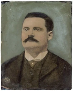 LARGER THAN FULL WHOLE PLATE HAND COLORED TINTYPE PHOTO MUSTACHE MAN LOOKS UP - Picture 1 of 1