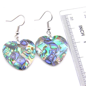 25MM Big Heart Shape Natural Abalone Shell Gems Silver Dangle Women Earrings - Picture 1 of 6