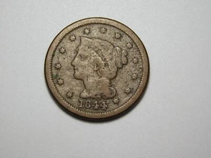 US COINS 1844 BRAIDED HAIR LARGE CENT *BENT* - Picture 1 of 7