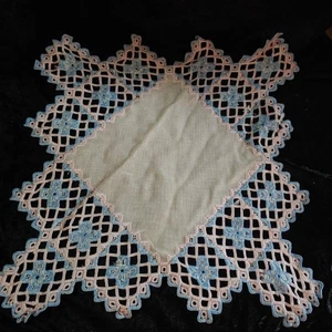 Hardanger Lace Doilies Lot of 3 Blue Light Pink Hand Embroidery J - Picture 1 of 2