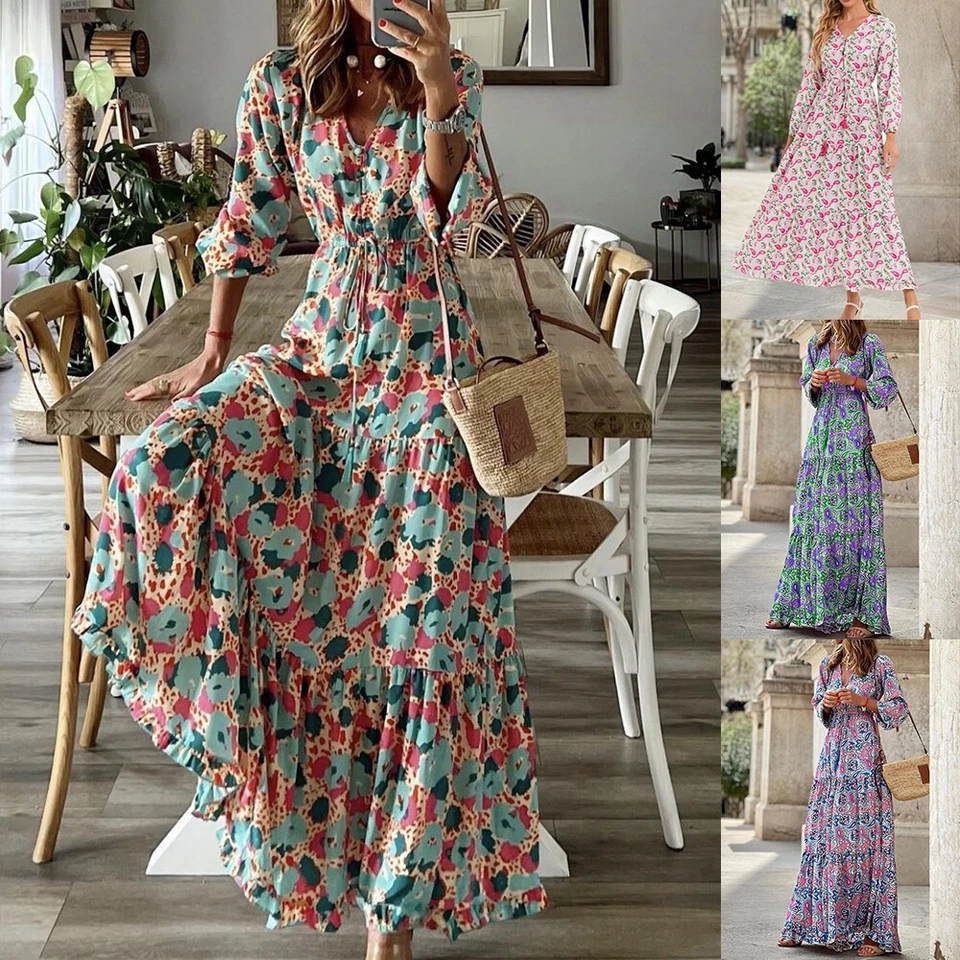 Damen Drucken Partykleid Maxikleid V-Neck Herbstkleid A-Linie Freizeitkleid .* - Bild 1 von 4
