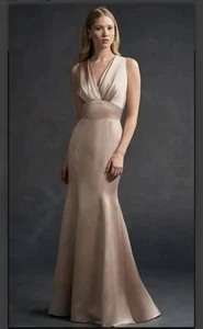 Satin Keyhole Cutout V Neck Belsoie Almond L194065 Bridesmaid Dress Size 12 - Picture 1 of 17