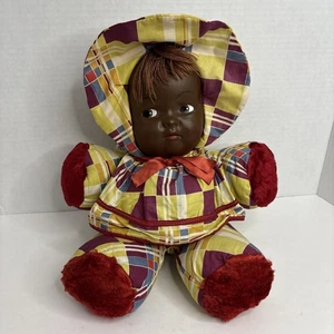 Vintage Gund Creations Perki Dolli Gummi Gesicht Afroamerikanisch Karo Kleidung Puppe - Bild 1 von 24
