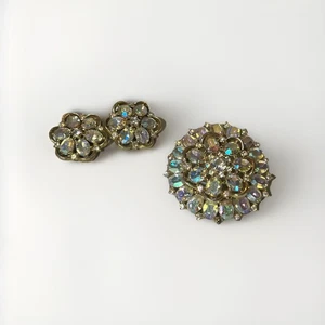Vintage Krone Trifari Aurora Borealis Strass Brosche Anstecknadel & Ohrringe beschädigt - Bild 1 von 9