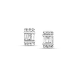 0.12 Ct Natural Round & Baguette Stud Earrings 10K White Gold for Womens - Picture 1 of 5