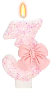 Birthday Candle for Cake 3 Candle - Pink Glitter with Bowknot 2.76 inch Happy... - Picture 1 of 4