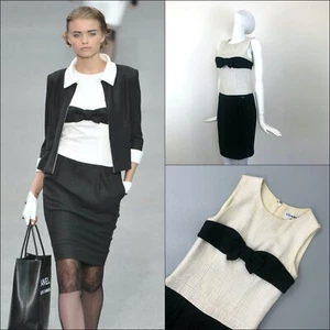 Auth Chanel Two Tone Classic Little Black Wool Tweed Dress Size XS 34 US2 - Picture 1 of 10