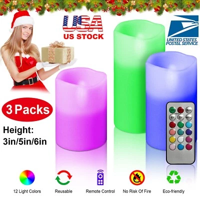 3pc LED Flameless Candles 4" 5" 6" Pillar 12 Color Changing w/ Remote Control - Image 1 of 4