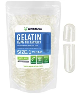 Size 1 Clear Empty Gelatin Pill Capsules Kosher Gel Caps Gluten-Free USA Made - Picture 1 of 12