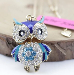 Betsey Johnson Crystal Blue Royal Owl 3D Moving Pendant Necklace Free Gift Bag - Picture 1 of 5