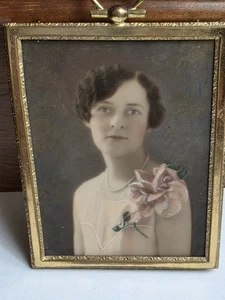 Antique Hand Colored Milk Glass Portrait Of Lady In Miniature Frame Photograph - Picture 1 of 3
