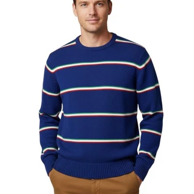 Vintage Boston Traders Mens Knit Sweater Striped Crew Neck Tight Knit Med Navy - Image 1 of 4